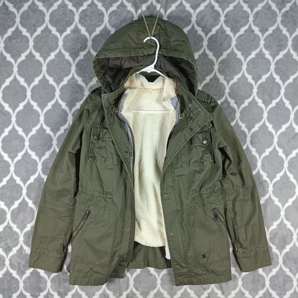 Hurley Military Jacket Women Medium Green 3 in 1 Hooded Utility Coat